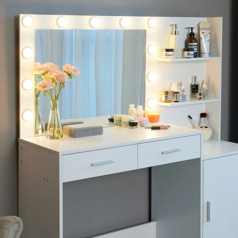 Coiffeuse Roomfitters avec miroir lumineux, table de maquillage avec 2 tiroirs et rangements, table de maquillage avec rangements ouverts