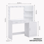 Coiffeuse Roomfitters avec miroir lumineux, table de maquillage avec 2 tiroirs et rangements, table de maquillage avec rangements ouverts