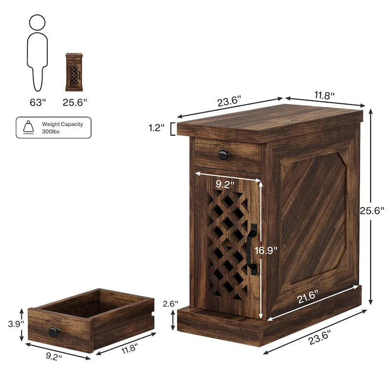 Table d'appoint en bois de 65 cm de haut, table de chevet pour chambre, brun rustique - 60 cm L x 30 cm l x 65 cm H